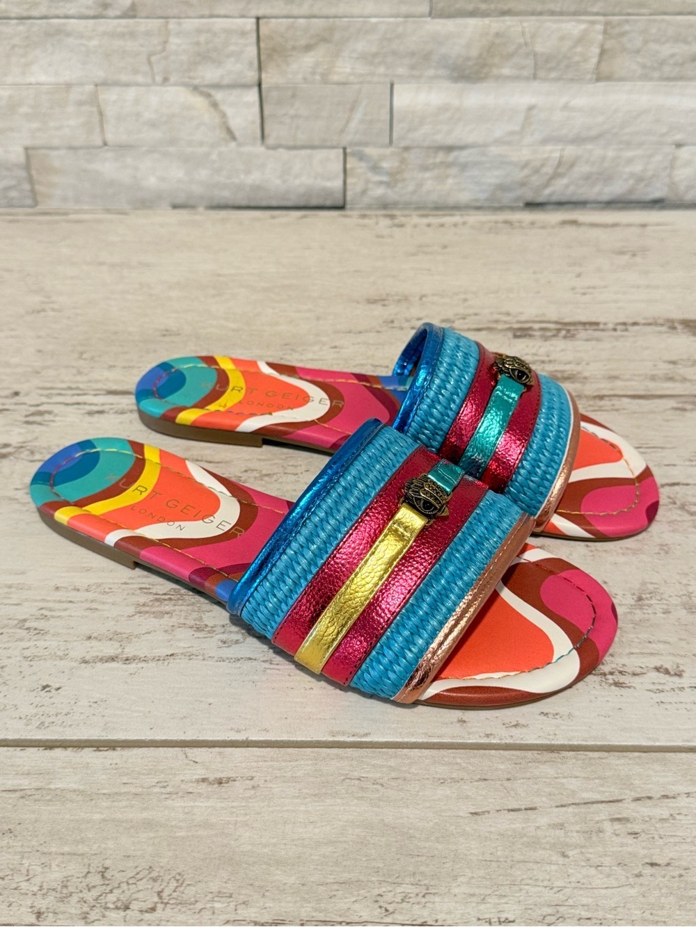 Kurt Geiger SOUTHBANK FLAT SLIDE RAFFIA SANDALS Multicolor New Size 36 EU-US 6